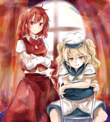  2girls blonde_hair blue_sailor_collar bow bowtie closed_mouth commentary crossed_arms curtains grin hair_between_eyes hat highres juliet_sleeves kitashirakawa_chiyuri long_hair long_skirt long_sleeves medium_hair multiple_girls okazaki_yumemi ponytail puffy_sleeves red_bow red_bowtie red_eyes red_hair red_skirt red_vest sailor_collar sailor_hat sailor_shirt shirt shirt_tucked_in short_sleeves shorts sitting skirt smile standing touhou twintails uwazumi vest white_hat white_shirt white_shorts window yellow_eyes 