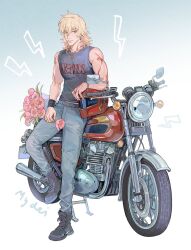  1boy arm_tattoo black_boots black_shirt blonde_hair blue_background blue_pants boots bouquet bracelet braid bunnyclvb character_name closed_mouth commentary contemporary denim earrings elbow_rest english_commentary facial_tattoo flower full_body gradient_background hair_between_eyes helmet highres holding holding_flower honkai:_star_rail honkai_(series) jeans jewelry lightning_bolt_symbol looking_ahead male_focus medium_hair motor_vehicle motorcycle motorcycle_helmet mydei_(honkai:_star_rail) neck_tattoo necklace pants pink_flower red_tattoo ring shirt simple_background sleeveless sleeveless_shirt solo spiked_wristband standing tattoo torn_clothes torn_jeans torn_pants unworn_headwear unworn_helmet white_background yellow_eyes 