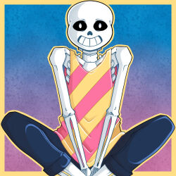 1:1 1boy 2019 2d absurdmage alternate_costume aqua_background artist_name black_pants border commentary diagonal-striped_clothes diagonal-striped_tank_top digital_media english_commentary feet_out_of_frame gradient_background hollow_eyes humanoid indian_style looking_at_viewer male male_focus male_only monster monster_boy outline outside_border pants pink_background pink_stripes pink_tank_top sans_(undertale) signature sitting skeleton solo straight-on striped_clothes tank_top teeth undead undertale utdr_(toby_fox) v_arms yellow_border yellow_outline yellow_tank_top 