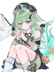  1girl absurdres animal_ear_piercing animal_ears black_hat blue_eyes commentary_request feet_out_of_frame flag fox_ears fox_girl fox_tail grey_shorts hair_flaps hair_intakes hat highres holding holding_flag honkai:_star_rail honkai_(series) huohuo_(honkai:_star_rail) kneehighs kyura_ru long_hair looking_at_viewer neck_ribbon parted_lips paw-shaped_pupils red_ribbon ribbon shorts sidelocks simple_background sitting socks solo sweat symbol-shaped_pupils tail white_background white_flag white_socks yin_yang_hair_ornament zhuang_hat 