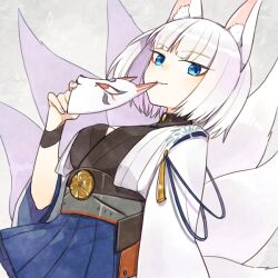  1girl animal_ear_fluff animal_ears ark_kan azur_lane blue_eyes blue_hakama blunt_bangs breasts closed_mouth commentary_request fox_ears fox_girl fox_mask fox_tail grey_background hakama hakama_skirt holding holding_mask japanese_clothes kaga_(azur_lane) kimono large_breasts looking_at_viewer makeup mask multiple_tails pleated_skirt short_hair simple_background skirt smile solo tail tassel white_hair wide_sleeves 