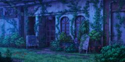  abandoned bush cafe door flower game_asset grass highres industrial_pipe menu_board night no_humans outdoors overgrown pink_flower plant potted_plant red_flower scenery sign spider_lily third-party_source touhou touhou_lostword vines window 