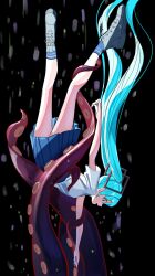  1girl absurdres aqua_eyes aqua_hair blue_skirt blue_socks commentary_request full_body grey_shoes hatsune_miku highres long_hair open_mouth pleated_skirt ria_mame shirt shoes short_sleeves skirt socks solo tentacles twintails very_long_hair vocaloid white_shirt 