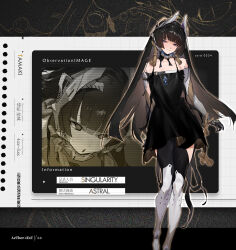  1girl @_@ bare_shoulders black_dress black_hair blue_eyes blunt_bangs breasts collarbone dress english_text feet_out_of_frame gebijiade_89 half-closed_eye headgear highres hime_cut long_hair looking_at_viewer mechanical_arms mechanical_legs medium_breasts multiple_views original outside_border rope sleeveless sleeveless_dress straight_hair 