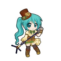  1girl aqua_eyes aqua_hair arm_belt asymmetrical_sleeves black_outline black_thighhighs blush boots bow bowtie brown_boots brown_gloves brown_hat chibi chibi_only closed_mouth fingerless_gloves frilled_sleeves frills full_body game_asset gloves green_bow green_bowtie green_shorts half-skirt hat hatsune_miku hatsune_miku_graphy_collection holding holding_microphone holding_microphone_stand juliet_sleeves long_hair long_sleeves looking_at_viewer microphone microphone_stand outline puffy_short_sleeves puffy_sleeves shirt short_sleeves shorts shure_55sh side_ponytail smile solo standing steampunk striped_clothes striped_thighhighs thigh-highs top_hat transparent_background underbust v-shaped_eyebrows vertical-striped_clothes vertical-striped_thighhighs vocaloid yellow_shirt 