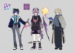  3boys alalen albedo_(genshin_impact) alternate_costume animal_ear_headwear aqua_eyes arms_at_sides artist_name black_choker black_gloves black_hat black_horns black_jacket black_pants black_shirt black_shoes black_sleeves black_socks black_tail blonde_hair blue_gem blunt_ends bracelet braid bright_pupils casual choker closed_mouth coat collared_shirt commentary_request contemporary cross-laced_shoes crossed_bangs dragon_horns dragon_tail dragon_wings durin_(genshin_impact) empty_eyes eyelashes feathers fingerless_gloves forehead_jewel fringe_trim full_body gem genshin_impact gloves gold grey_background grey_coat grey_pants grey_scarf grey_sleeves hair_between_eyes half_up_braid hand_in_pocket hand_up hat heart heart_print horns jacket jewelry layered_sleeves long_sleeves looking_at_object looking_at_viewer low_wings multiple_boys open_clothes open_coat open_collar open_jacket pants peaked_cap plaid_clothes plaid_sleeves pom_pom_(clothes) purple_hair purple_horns purple_sleeves purple_wings reading red_eyes scaramouche_(genshin_impact) scarf shirt shoes short_over_long_sleeves short_sleeves smile sneakers socks star_balloon striped_sleeves tail torn_clothes torn_pants undershirt violet_eyes vision_(genshin_impact) watermark white_pupils white_shoes wings wispy_bangs yellow_feathers 