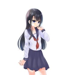  1girl asymmetrical_bangs black_hair blue_eyes blue_sailor_collar blue_skirt blunt_bangs blunt_ends choppy_bangs closed_mouth cowboy_shot expressionless game_asset long_hair long_sleeves looking_at_viewer miniskirt nanamiya_runa neckerchief non-web_source official_art pleated_skirt red_neckerchief roshutsu-kei_mahou_shoujo sailor_collar school_uniform self-datamine serafuku shirt shitou_(4h) sidelocks skirt sleeve_cuffs sprite standing straight_hair tachi-e transparent_background white_serafuku white_shirt 