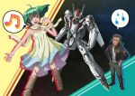  beard boots dress facial_hair flat_chest frown green_hair grey_hair hands_on_hips jacket jewelry macross macross_frontier mecha musical_note necklace ozma_lee ponytail ranka_lee red_eyes scarf short_twintails space sweatdrop twintails vf-25 