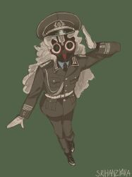  1boy black_skin collared_shirt colored_skin foreshortening full_body gloves green_background green_pants green_shirt green_theme hat highres hindu_mythology hinduism jagannath_(mythology) legs_together long_hair long_sleeves looking_ahead looking_at_viewer military_hat military_uniform muted_color nazi open_mouth pants salute shirt smile solid_circle_pupils solo srihanzyava standing stasi trap white_gloves white_hair 