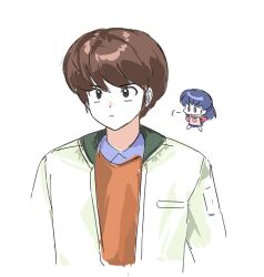  1boy 1girl 88_77k apron blue_eyes blue_hair brown_hair chibi chick_print collar godai_yuusaku hair_between_eyes jacket looking_at_viewer maison_ikkoku orange_shirt otonashi_kyouko pink_apron pink_shirt piyo_piyo_apron pocket shirt short_hair sigh simple_background white_background white_jacket 