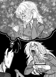  1boy 1girl artist_name bags_under_eyes bait_and_switch black_hair blush bowl breasts chopsticks collared_shirt commentary eating english_commentary food greyscale highres holding holding_chopsticks large_breasts long_hair long_sleeves messy_hair mimi_(nhim) monochrome nhim noodles open_mouth original ringed_eyes roy_(nhim) saturn_devouring_his_son shirt shirt_under_sweater short_hair sparkle speech_bubble sweat sweater thought_bubble twitter_username 
