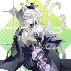  1girl absurdres amiya_(arknights) amiya_(medic)_(arknights) amiya_(medic)_(the_unbounded_folio)_(arknights) animal_ear_fluff animal_ears arknights black_coat black_dress black_gloves black_hat blue_eyes blush_stickers cat_ears character_doll chinese_commentary coat commentary_request cowboy_shot doll dress ears_through_headwear english_text gloves gradient_background green_background green_hair hair_over_one_eye hat highres invisible_chair kal'tsit_(arknights) kal'tsit_esperanta_(arknights) kal'tsit_esperanta_(the_unbounded_folio)_(arknights) long_hair looking_to_the_side making-of_available off_shoulder qingying921 rabbit_ears sidelocks simple_background sitting sleeveless sleeveless_dress two-tone_dress veil watermark white_background white_dress 