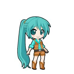  1girl aqua_eyes aqua_hair aqua_shirt belt black_belt black_outline blush boots brown_boots brown_jacket brown_shorts chibi chibi_only closed_mouth cowgirl_(western) fringe_trim full_body game_asset hair_tie hatsune_miku hatsune_miku_graphy_collection jacket long_hair looking_at_viewer open_clothes open_jacket outline ponytail shirt shorts smile solo standing transparent_background very_long_hair vocaloid 