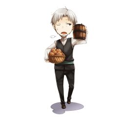  1boy absurdres ayakura_juu bread chibi craft_lawrence food game_asset grey_eyes grey_hair highres non-web_source open_mouth sigh spice_and_wolf sweatdrop tankard 
