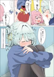  2girls amaori_renako aqua_hair ashigaya_high_school_uniform bag blush closed_eyes commentary_request eqohi5h hair_bun hair_ornament highres hugging_own_legs koyanagi_kaho multiple_girls open_mouth pink_hair school_uniform shirt single_hair_bun translation_request violet_eyes watashi_ga_koibito_ni_nareru_wake_naijan_murimuri! x_hair_ornament yellow_eyes yuri 