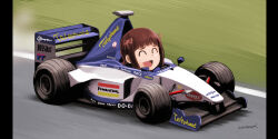  1girl :d ^_^ amami_haruka artist_name brown_hair car chibi closed_eyes commentary_request day driving formula_one formula_racer hair_ribbon idolmaster idolmaster_(classic) kayatsu_urotoma motor_vehicle open_mouth outdoors race_vehicle racecar red_ribbon ribbon short_hair signature smile solo 