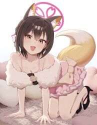  1girl all_fours animal_ears bare_legs blue_archive bow brown_hair colored_inner_animal_ears commentary_request dress fox_ears fox_girl fox_tail halo high_heels highres izuna_(blue_archive) looking_at_viewer off-shoulder_dress off_shoulder on_bed open_mouth pillow pink_dress pink_halo short_hair simple_background solo tail toughman white_background 