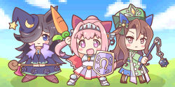  1girl 3girls animal_ears armor black_dress blush boots bow brown_boots brown_hair cape carrot chibi closed_mouth commentary_request crescent dress ear_bow ear_covers ear_ribbon flipped_hair flower-shaped_pupils flower_in_eye green_dress hair_between_eyes hair_over_one_eye hairband haru_urara_(umamusume) hat headband holding holding_carrot holding_mace holding_staff holding_weapon horse_ears horse_girl horse_tail king_halo_(umamusume) long_hair long_sleeves mace mage_staff multiple_girls open_mouth pink_eyes pink_hair pink_headband ponytail red_cape red_eyes red_headband rice_shower_(umamusume) shield shoes skirt smile spiked_mace spikes staff star_(symbol) symbol-shaped_pupils symbol_in_eye tail tilted_headwear umamusume violet_eyes visor_(armor) weapon witch_hat yoshiharu_izumi 