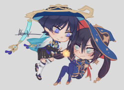  1boy 1girl animal_print aqua_eyes armor artist_name belt bird_print black_belt black_bodysuit black_bridal_gauntlets black_gloves black_hair black_sandals black_shorts blue_cape blue_gem blue_hat blue_jingasa blue_leotard blue_sleeves blue_theme blunt_bangs blunt_ends bodysuit bridal_gauntlets bright_pupils cape chibi chibi_only choppy_bangs closed_mouth detached_sleeves earrings elbow_gloves eyelashes eyeliner full_body fur-trimmed_cape fur_trim furisode gem genshin_impact gloves gold gold_shoes gold_thighlet gold_trim hair_between_eyes hakama hakama_shorts hands_up hat high_heels highres japanese_armor japanese_clothes jewelry jingasa kimono kote kurokote leg_warmers leotard light_blush long_hair looking_at_another makeup mandarin_collar mona_(genshin_impact) open_hands oriana0w0 pleated_shorts ponytail_holder purple_sash red_cape red_eyeliner sandals sash scaramouche_(genshin_impact) shoes short_sleeves shorts side_cape sidelocks signature star_(symbol) star_earrings star_print stirrup_legwear swept_bangs tassel thighlet tilted_headwear toeless_legwear tsurime twintails violet_eyes vision_(genshin_impact) wanderer_(genshin_impact) white_leg_warmers white_pupils witch_hat zouri 