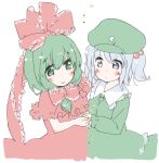  2girls blue_eyes blue_hair frills green_eyes green_hair hair_bobbles hair_ornament hair_ribbon hands_together hat kagiyama_hina kawashiro_nitori multiple_girls ribbon shipu_(toppintetratorten) touhou twintails 