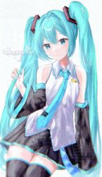  1girl absurdres aqua_eyes aqua_hair aqua_necktie artist_name commentary detached_sleeves hatsune_miku highres looking_at_viewer necktie skellychan skirt twintails vocaloid white_background 