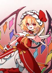  1girl alternate_costume bare_shoulders blonde_hair choker commentary_request crystal crystal_wings flandre_scarlet frilled_hairband frilled_wrist_cuffs frills gradient_background hair_between_eyes hairband highres holding illust_atelier3 long_hair looking_at_viewer multicolored_wings off-shoulder_shirt off_shoulder one-hour_drawing_challenge one_side_up open_mouth red_background red_choker red_eyes red_shirt red_skirt red_wrist_cuffs shirt signature skirt smile solo touhou touhou_gensou_eclipse white_hairband wings wrist_cuffs 