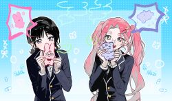  2girls alien_stage black_jacket blazer blue_background character_name chinese_commentary commentary_request hair_ornament hairband hairclip highres holding holding_stuffed_toy jacket low_ponytail mizi_(alien_stage) multiple_girls official_alternate_costume peach_hat_ornament ponytail sadahalu_ai_la_shi school_uniform shirt smile star_(symbol) star_hair_ornament stuffed_toy sua_(alien_stage) twintails white_hairband white_shirt 