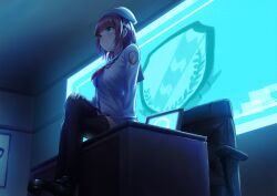  >:) 1girl 200f_(nifu) angel_beats! aqua_eyes arm_at_side backlighting beret black_hairband black_shoes black_thighhighs blue_sailor_collar blue_skirt blunt_bangs blush breasts chair closed_mouth commentary computer crossed_legs emblem fingernails from_below full_body hairband hand_on_own_knee hat highres indoors laptop large_breasts loafers looking_ahead medium_hair miniskirt monitor nakamura_yuri neckerchief on_table pink_neckerchief purple_hair sailor_collar sailor_shirt shinda_sekai_sensen_uniform shirt shoes sitting skirt smile solo table thigh-highs v-shaped_eyebrows white_hat white_shirt zettai_ryouiki 