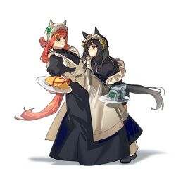  2girls absurdres apron black_dress black_hair commentary_request dress ear_covers green_eyes hat highres holding holding_plate horse_girl horse_tail long_sleeves maid maid_headdress multiple_girls nnnocturnala orange_hair plate silence_suzuka_(umamusume) stay_gold_(umamusume) tail umamusume white_apron white_background white_hat 