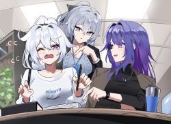  3girls absurdres amiris_(amiris76455574) black_sweater blue_eyes book breasts bronya_zaychik bronya_zaychik_(silverwing:_n-ex) brown_vest commentary_request cup diamond-shaped_pupils diamond_(shape) grey_eyes grey_hair grey_sweater highres holding holding_pen honkai_(series) honkai_impact_3rd indoors jewelry kiana_kaslana kiana_kaslana_(herrscher_of_finality) korean_commentary large_breasts long_hair mihoyo multiple_girls necklace one_eye_closed pen purple_hair raiden_mei raiden_mei_(apho) shirt sweater symbol-shaped_pupils turtleneck turtleneck_sweater very_long_hair vest violet_eyes white_hair white_shirt 