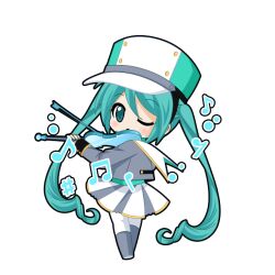  1girl aqua_eyes aqua_hair beamed_eighth_notes black_outline blush boots chibi chibi_only eighth_note eighth_rest full_body game_asset grey_boots grey_jacket half_note hat hatsune_miku hatsune_miku_graphy_collection holding holding_instrument holding_violin instrument jacket knee_boots long_hair long_sleeves looking_at_viewer looking_to_the_side musical_note outline playing_instrument playing_violin shako_cap sharp_sign skirt solo standing transparent_background twintails very_long_hair violin vocaloid white_hat white_skirt 
