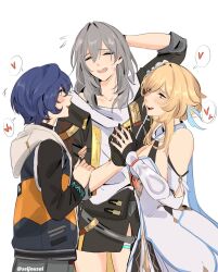  3girls arm_behind_head artist_name belle_(zenless_zone_zero) black_gloves black_jacket blonde_hair blue_hair commentary dress english_commentary genshin_impact gloves grey_hair heart highres honkai:_star_rail honkai_(series) hood hoodie jacket lumine_(genshin_impact) medium_hair multiple_girls seijousai short_hair spoken_heart stelle_(honkai:_star_rail) trailblazer_(honkai:_star_rail) white_dress yuri zenless_zone_zero 