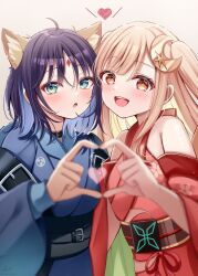  2girls animal_ears bare_shoulders black_hair blonde_hair blue_kimono blush breasts cho_kaguya-hime! commentary_request crescent crescent_hair_ornament forehead_jewel fox_ears green_eyes hair_ornament heart heart_hands heart_hands_duo highres japanese_clothes kaguya_(cho_kaguya-hime!) kimono long_hair looking_at_another lop_rabbit_ears multiple_girls open_mouth purple_hair rabbit_ears red_kimono sakayori_iroha sakura_hiyori smile teeth upper_teeth_only 