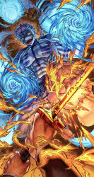  1boy abs absurdres akaza_(kimetsu_no_yaiba) barefoot black_nails chest_tattoo clenched_hands commentary_request facial_tattoo fangs fire frown highres holding holding_sword holding_weapon katana kimetsu_no_yaiba long_sleeves male_focus number_in_eye open_mouth pectorals pink_hair pov satomaru31000 short_hair sword tattoo weapon white_wrist_cuffs wrist_cuffs yellow_eyes 