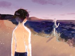  1boy 1girl beach black_hair black_one-piece_swimsuit body_fur cat_girl cocri commentary_request dress_swimsuit from_behind furry furry_female koharu_(cocri) ocean one-piece_swimsuit original outdoors princess_koyuki_(cocri) purple_sky short_hair sky standing sunset swimsuit topless_male water white_fur white_hair 