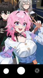  1boy 2girls absurdres amiris_(amiris76455574) black_hair breasts clothes_around_waist commentary_request dan_heng_(honkai:_star_rail) dan_heng_(hunt)_(honkai:_star_rail) fake_phone_screenshot fake_screenshot green_eyes highres honkai:_star_rail honkai_(series) korean_commentary large_breasts march_7th_(honkai:_star_rail) march_7th_(preservation)_(honkai:_star_rail) medium_hair multicolored_eyes multiple_girls open_mouth pink_hair selfie shirt short_hair smile stelle_(honkai:_star_rail) sweater sweater_around_waist trailblazer_(honkai:_star_rail) two-tone_eyes w white_shirt 