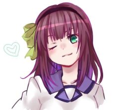  1girl ;) angel_beats! black_hairband blue_sailor_collar blunt_bangs bow closed_mouth commentary_request eyebrows_hidden_by_hair green_bow green_eyes hair_bow hairband heart looking_at_viewer medium_hair nakamura_yuri negiko123123 one_eye_closed purple_hair sailor_collar sailor_shirt shinda_sekai_sensen_uniform shirt simple_background smile solo split_mouth upper_body v-shaped_eyebrows white_background white_shirt 