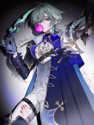  1boy absurdres ahoge armor black_gloves blowing_bubble_gum blue_cape blue_eyes blue_shirt cape chewing_gum choker collared_shirt commentary cowboy_shot crossed_bangs dagger earrings empty_eyes genshin_impact gloves gold_trim green_hair hair_between_eyes hair_intakes highres holding holding_dagger holding_knife holding_weapon jewelry knife knight lohen_(genshin_impact) looking_at_viewer male_focus multicolored_eyes naru9 pants polearm red_eyes shirt shoulder_armor silver_trim single_earring solo thigh_strap untranslatable_commentary watermark weapon white_pants 