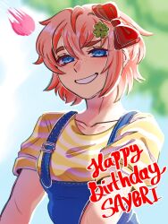  1girl blue_eyes blue_overalls bow brown_hair collarbone doki_doki_literature_club grin hair_bow happy_birthday highres kaidapai looking_at_viewer overalls red_bow sayori_(doki_doki_literature_club) shirt short_hair short_sleeves smile striped_clothes striped_shirt teeth 