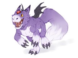  bat_wings brown_eyes claws digimon digimon_(creature) dorumon galehowl looking_at_viewer mini_wings no_humans open_mouth purple_fur sharp_teeth simple_background solo tail teeth two-tone_fur white_background white_fur wings 