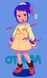  1girl blue_background blush_stickers character_name child commentary_request dress full_body hair_bun hair_ornament highres kurozumi_tama notice_lines one_piece open_mouth pemu_op pink_shoes shoes sidelocks solo yellow_dress 