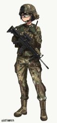  1girl absurdres artist_name assault_rifle black_hair boots brown_boots bt_(user_udwc7853) camouflage camouflage_helmet camouflage_pants combat_boots combat_helmet fast_helmet gloves green_eyes green_gloves gun gun_sling helmet heterochromia highres load_bearing_vest military military_combat_uniform military_fatigues military_uniform orange_eyes original pants patch pocket rifle scope short_hair shoulder_patch simple_background standing twitter_username unit_patch walkie-talkie watermark weapon white_background 