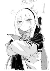  1girl :t a_(mitei7926) blue_archive commentary_request crossed_arms double-parted_bangs greyscale hair_between_eyes hair_ribbon hairband half_updo halo highres jacket kei_(blue_archive) kei_(new_body)_(blue_archive) long_hair long_hair_between_eyes monochrome necktie rectangular_halo ribbon ringed_eyes simple_background solo white_background 