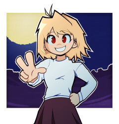  1girl antenna_hair arcueid_brunestud bonkinson commentary facing_viewer grin hand_on_own_hip highres long_skirt looking_at_viewer melty_blood moon night outstretched_arm outstretched_hand purple_skirt red_eyes short_hair skirt smile solo sweater tsukihime turtleneck turtleneck_sweater upper_body v white_sweater 