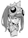  1girl acky_bright bangs closed_eyes ear_piercing earrings eyelashes fangs freckles helmet highres jewelry lips mecha mecha_musume mechanical_parts monochrome original piercing portrait simple_background solo teeth twintails white_background 