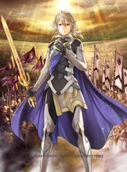  1boy armor army battlefield black_gloves blue_cape cape clouds cloudy_sky commentary_request copyright_logo copyright_name crest_of_hoshido crest_of_nohr feet_out_of_frame fire_emblem fire_emblem_cipher fire_emblem_fates gloves hair_between_eyes holding holding_sword holding_weapon logo looking_at_viewer male_corrin_(fire_emblem) male_focus mountainous_horizon nintendo official_art outdoors pointy_ears red_eyes short_hair sky solo sunlight sword weapon white_hair yamada_koutarou yato_(fire_emblem) 