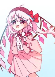  1girl :d ahoge alternate_color alternate_costume alternate_eye_color alternate_hair_color alternate_headwear backpack bag beret blue_background blush collared_shirt commentary_request crystal crystal_wings fang flandre_scarlet flandre_scarlet_(vibrant_sister_of_the_devil) gradient_background hat highres illust_atelier3 jacket long_hair long_sleeves neck_ribbon one-hour_drawing_challenge one_side_up open_mouth pink_eyes pink_hair pink_jacket pink_skirt pleated_skirt red_bag red_hat red_ribbon ribbon school_uniform shirt skirt smile solo touhou touhou_lostword white_shirt wings 