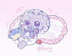  bib bonnet clothed_pokemon commentary espurr highres holding holding_toy lying mime_jr. no_humans onesie pacifier pani_5750 pillow pink_background poke_ball poke_ball_(basic) pokemon pokemon_(creature) pokemon_focus polka_dot polka_dot_background ribbon solo spheal toy untranslatable_commentary violet_eyes 