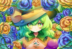  1girl absurdres black_hat blue_flower blue_rose blush bow buttons closed_mouth collared_shirt commentary_request diamond_button disembodied_linked_eye eyeball floral_print flower frilled_shirt_collar frilled_sleeves frills green_eyes green_hair hair_between_eyes hat hat_bow highres koishi_day komeiji_koishi long_sleeves looking_at_viewer plant print_shirt rose rose_print shirt smile solo touhou upper_body user_ghaf3443 vines wide_sleeves yellow_bow yellow_flower yellow_rose yellow_shirt 