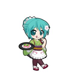  1girl :q apron aqua_eyes aqua_hair black_outline blush chibi chibi_only closed_mouth flower food full_body game_asset green_kimono grid_print hair_between_eyes hair_bun hair_flower hair_ornament hand_up hatsune_miku hatsune_miku_graphy_collection holding holding_tray japanese_clothes kimono looking_at_viewer maid mochi obi obiage obijime okobo outline pantyhose platform_sandals purple_pantyhose sakura_mochi sandals sash single_hair_bun smile solo standing standing_on_one_leg tabi tasuki tongue tongue_out transparent_background tray vocaloid wa_maid wagashi waist_apron white_apron 